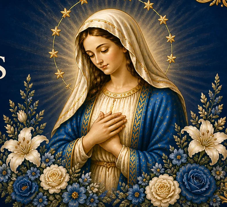 Nossa Senhora com manto azul e dourado, cercada por flores e uma coroa de estrelas